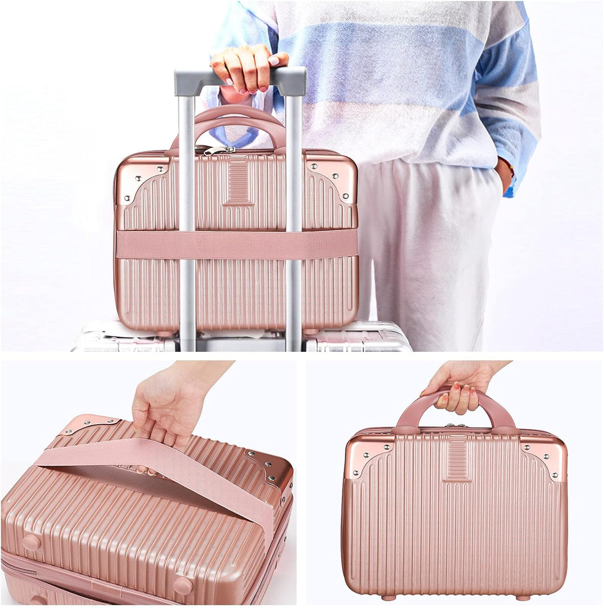 14 Inch Portable Makeup Travel Case Hand Luggage, Pressure-proof ABS Carrying Makeup Case Suitcase with Elastic Band, Small Hard Shell Cosmetic Case for Travel Camping Women Girl - Rose Gold