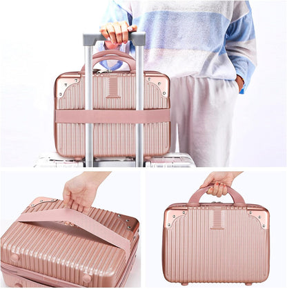 14 Inch Portable Makeup Travel Case Hand Luggage, Pressure-proof ABS Carrying Makeup Case Suitcase with Elastic Band, Small Hard Shell Cosmetic Case for Travel Camping Women Girl - Rose Gold