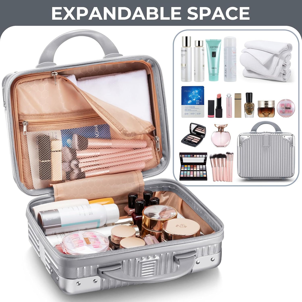 14 Inch Portable Makeup Travel Case Hand Luggage, Pressure-proof ABS Carrying Makeup Case Suitcase with Elastic Band, Small Hard Shell Cosmetic Case for Travel Camping Women Girl - Rose Gold