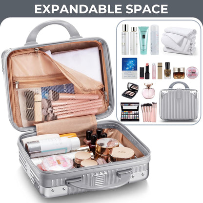 14 Inch Portable Makeup Travel Case Hand Luggage, Pressure-proof ABS Carrying Makeup Case Suitcase with Elastic Band, Small Hard Shell Cosmetic Case for Travel Camping Women Girl - Rose Gold