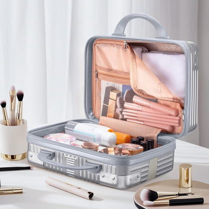 14 Inch Portable Makeup Travel Case Hand Luggage, Pressure-proof ABS Carrying Makeup Case Suitcase with Elastic Band, Small Hard Shell Cosmetic Case for Travel Camping Women Girl - Rose Gold