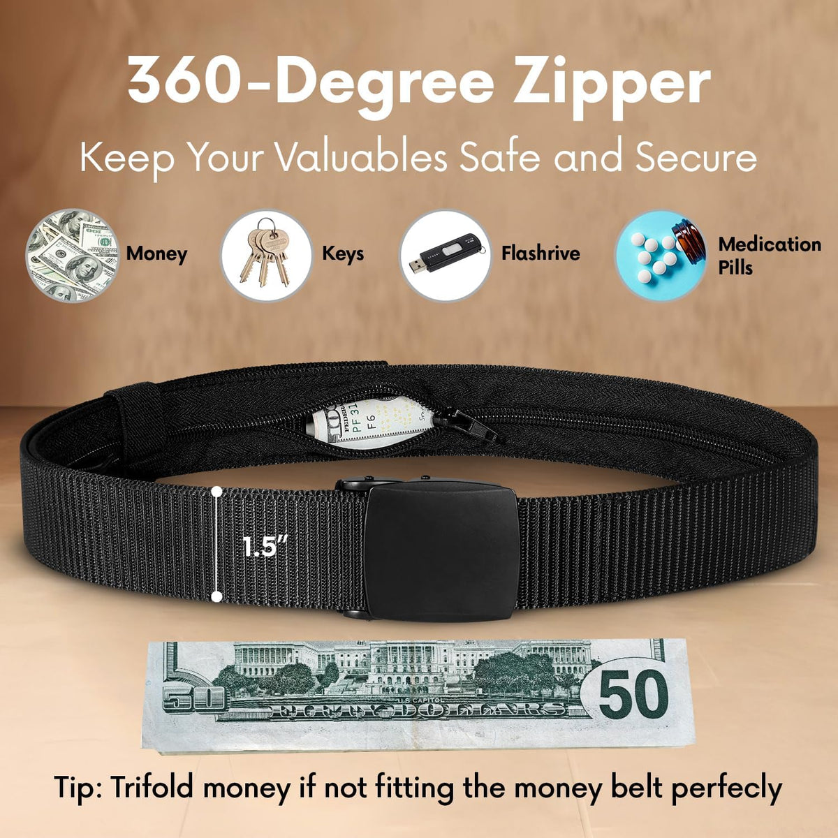 Travel Money Belt with Hidden Money Pocket, Nylon Military Tactical Mens with Zinc Alloy Buckle- Black