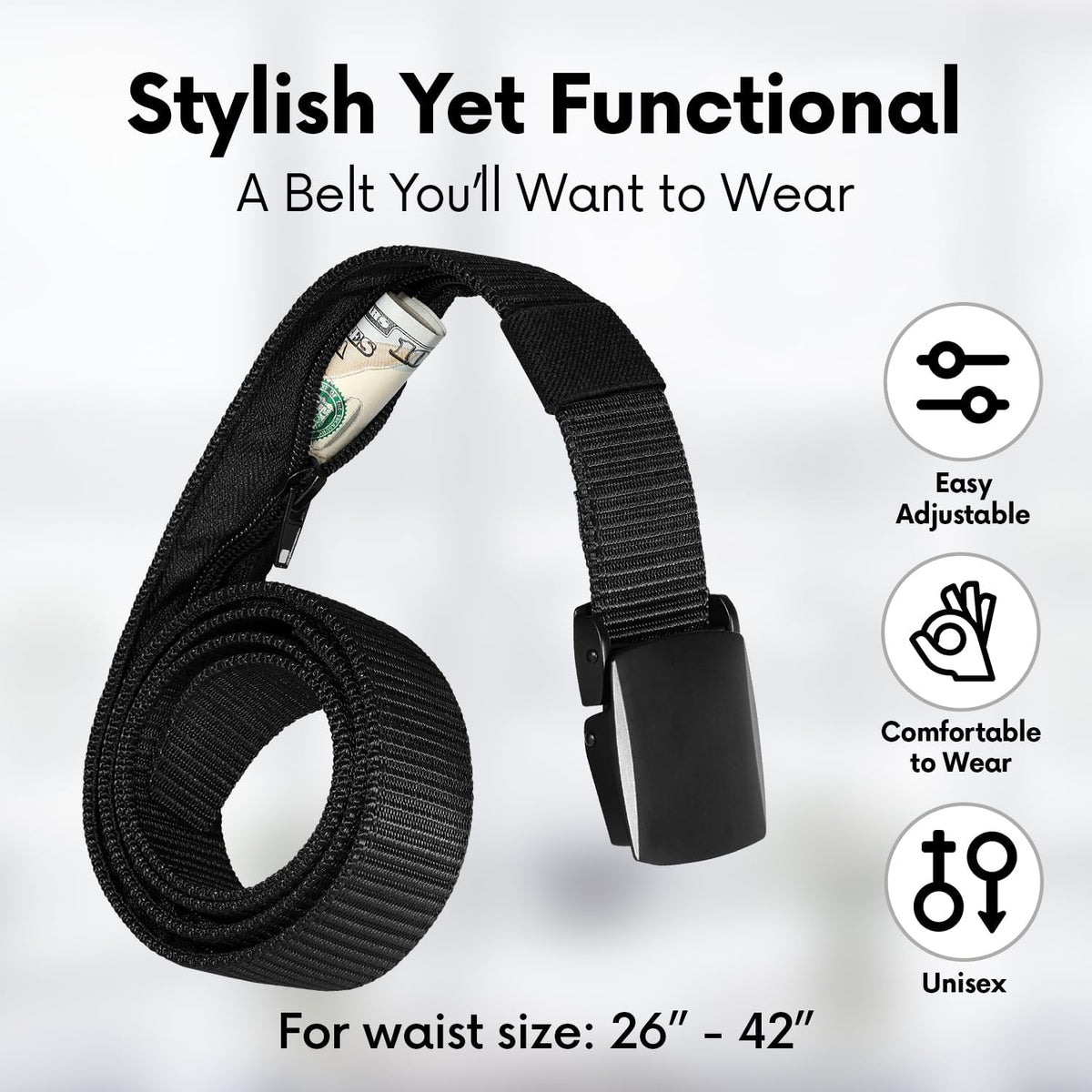 Travel Money Belt with Hidden Money Pocket, Nylon Military Tactical Mens with Zinc Alloy Buckle- Black