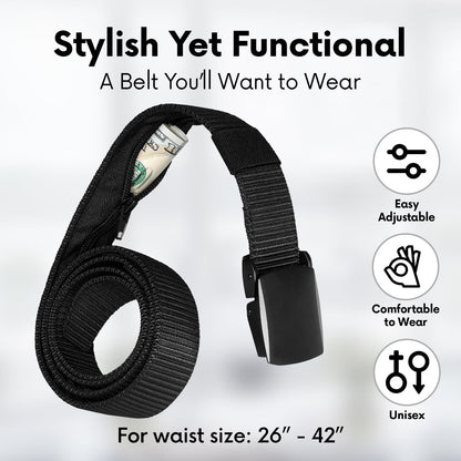 Travel Money Belt with Hidden Money Pocket, Nylon Military Tactical Mens with Zinc Alloy Buckle- Black