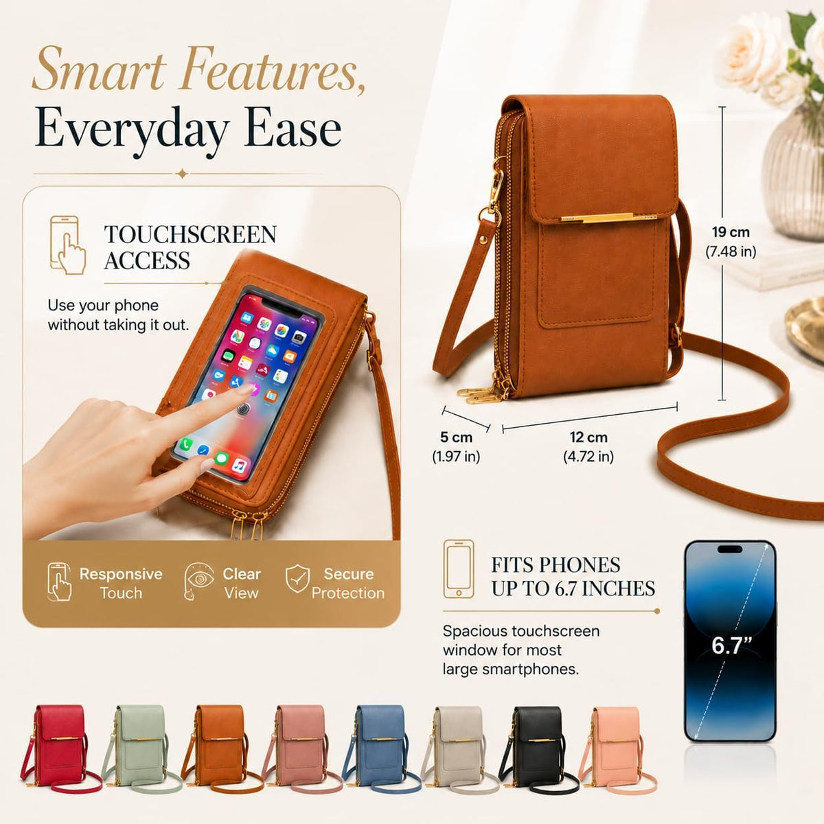 Anti Theft Leather Bag, Touchscreen Phone Crossbody Bag, Touch Screen Phone Purse with RFID Blocking Card Slots