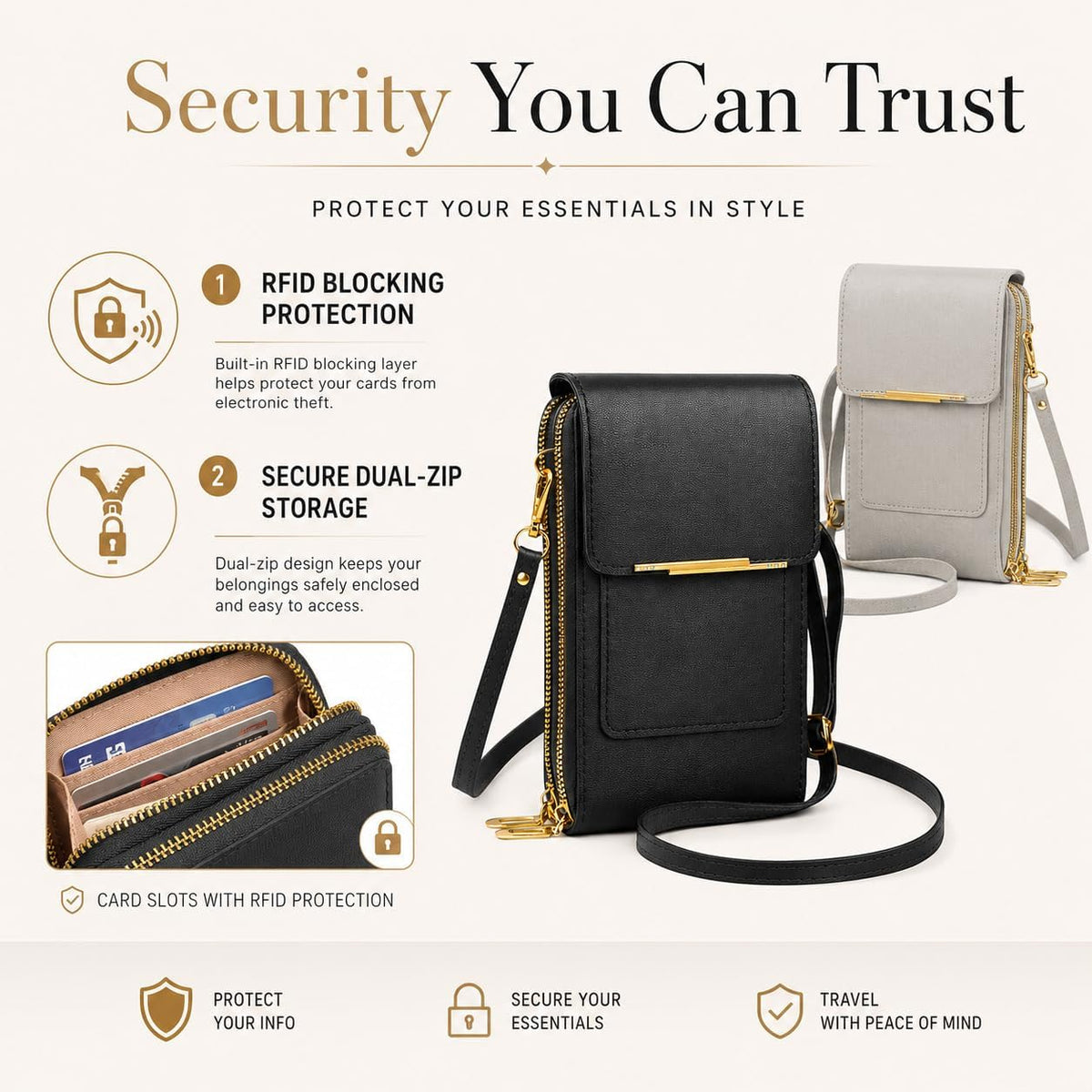 Anti Theft Leather Bag, Touchscreen Phone Crossbody Bag, Touch Screen Phone Purse with RFID Blocking Card Slots