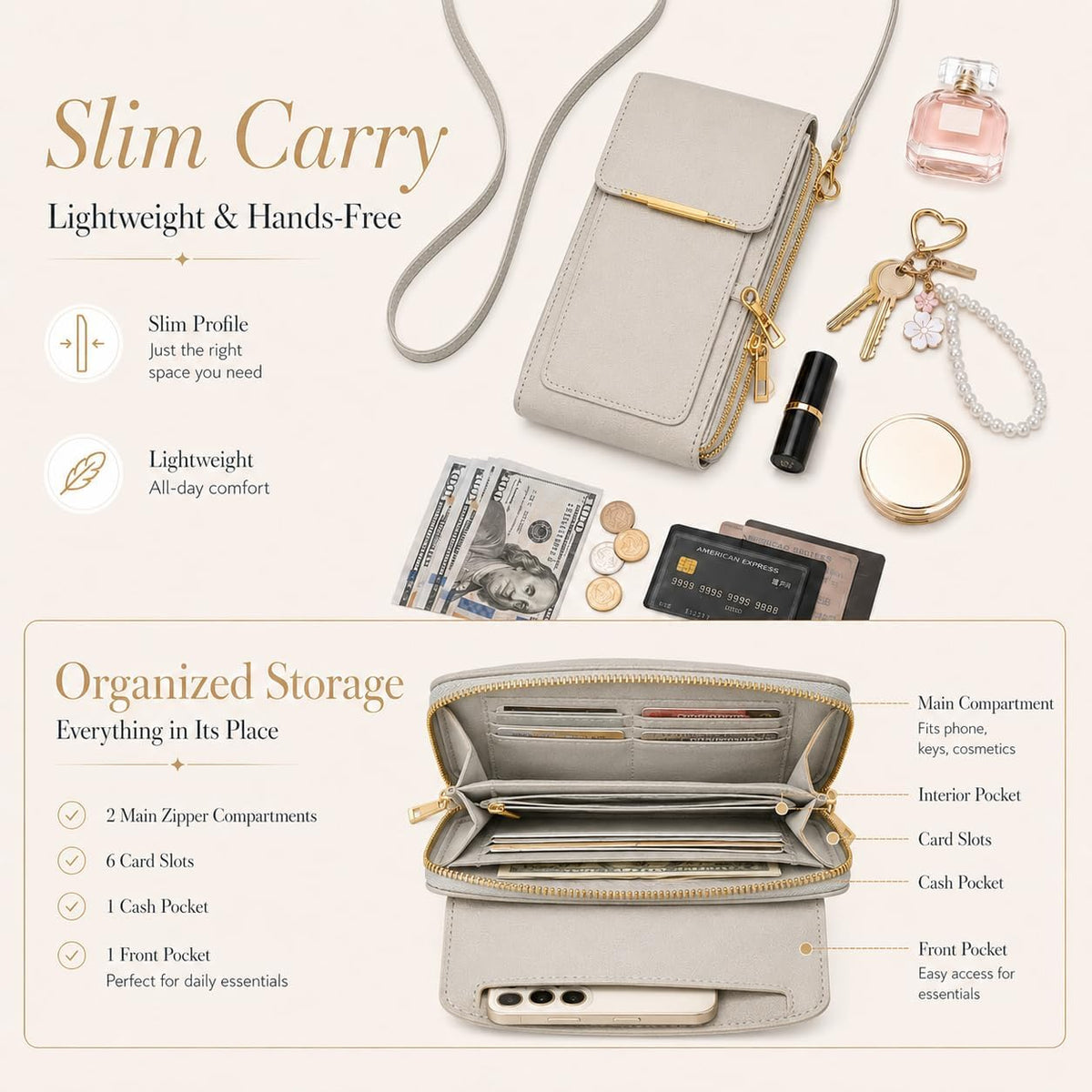 Anti Theft Leather Bag, Touchscreen Phone Crossbody Bag, Touch Screen Phone Purse with RFID Blocking Card Slots