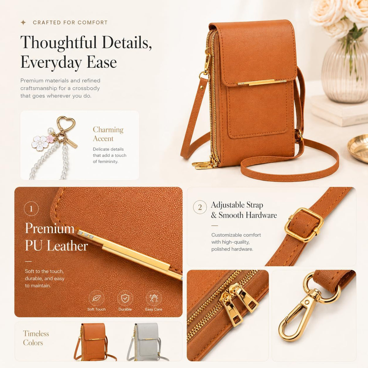 Anti Theft Leather Bag, Touchscreen Phone Crossbody Bag, Touch Screen Phone Purse with RFID Blocking Card Slots