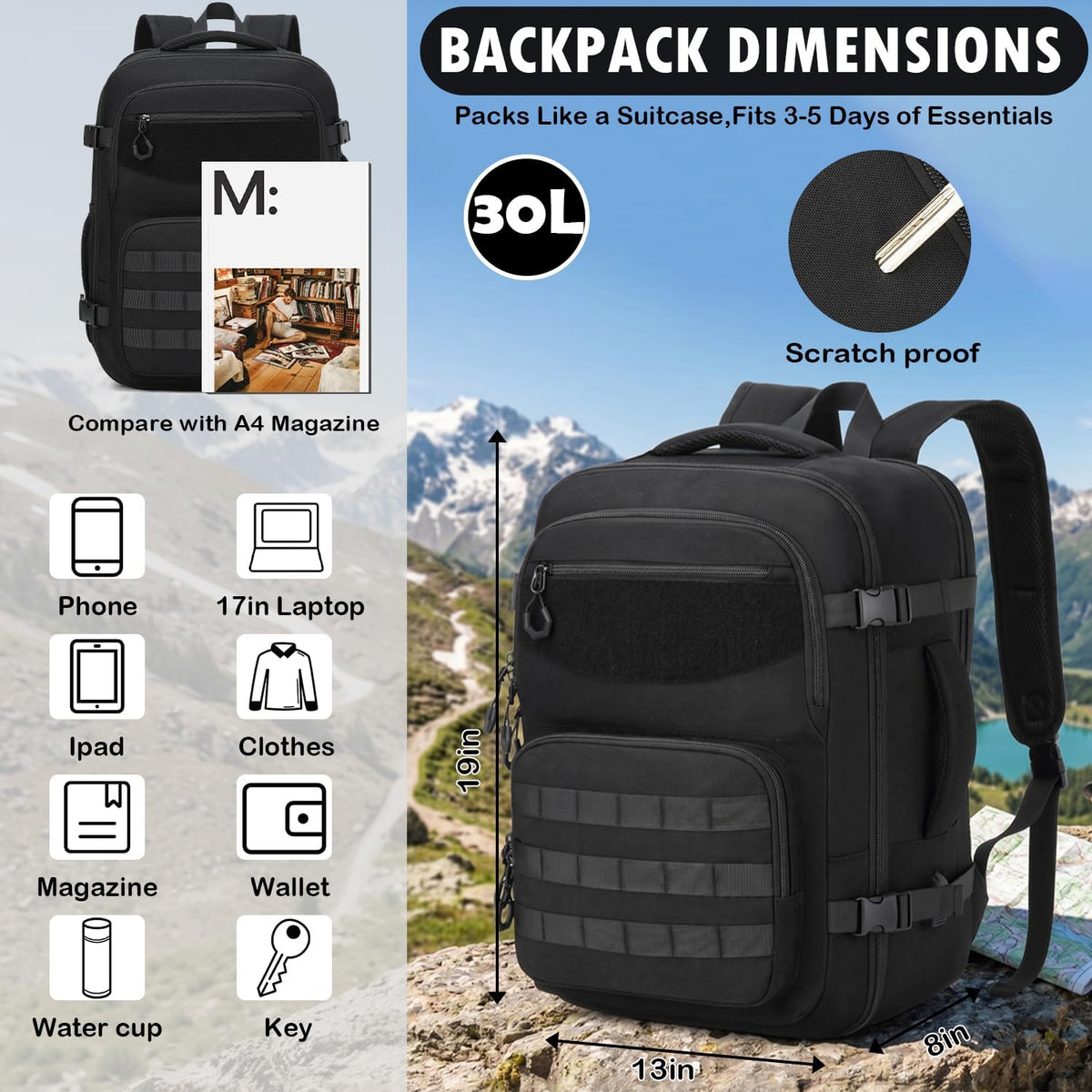Carry On Backpack, Large Tactical Travel Backpack Airplane Approved Weekender Bag for Men, Water Resistant Lightweight Suitcase Luggage Backpack, 17" Laptop Daypack for Flight, Travel
