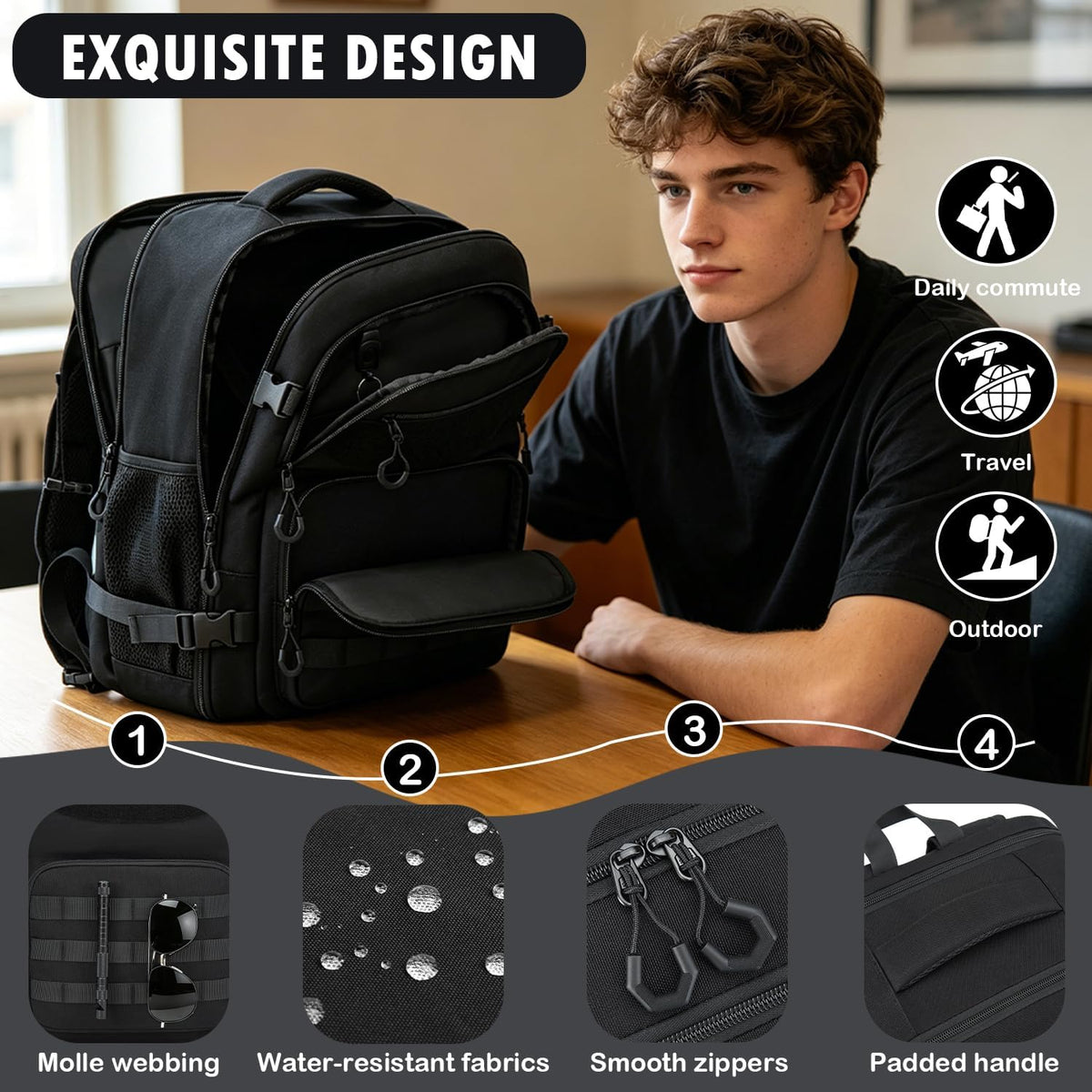 Carry On Backpack, Large Tactical Travel Backpack Airplane Approved Weekender Bag for Men, Water Resistant Lightweight Suitcase Luggage Backpack, 17" Laptop Daypack for Flight, Travel