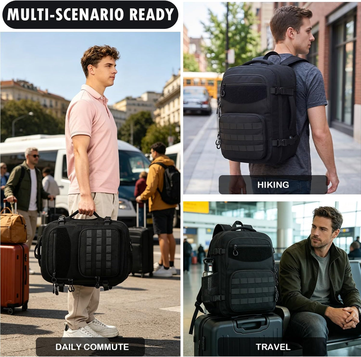 Carry On Backpack, Large Tactical Travel Backpack Airplane Approved Weekender Bag for Men, Water Resistant Lightweight Suitcase Luggage Backpack, 17" Laptop Daypack for Flight, Travel