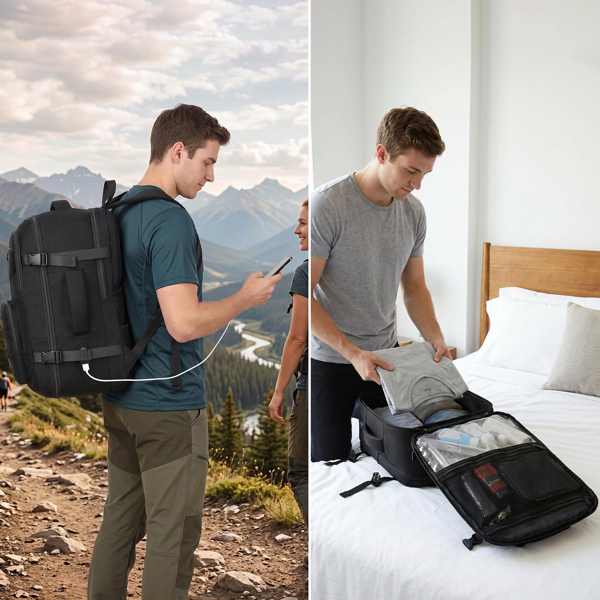 Carry On Backpack, Large Tactical Travel Backpack Airplane Approved Weekender Bag for Men, Water Resistant Lightweight Suitcase Luggage Backpack, 17" Laptop Daypack for Flight, Travel