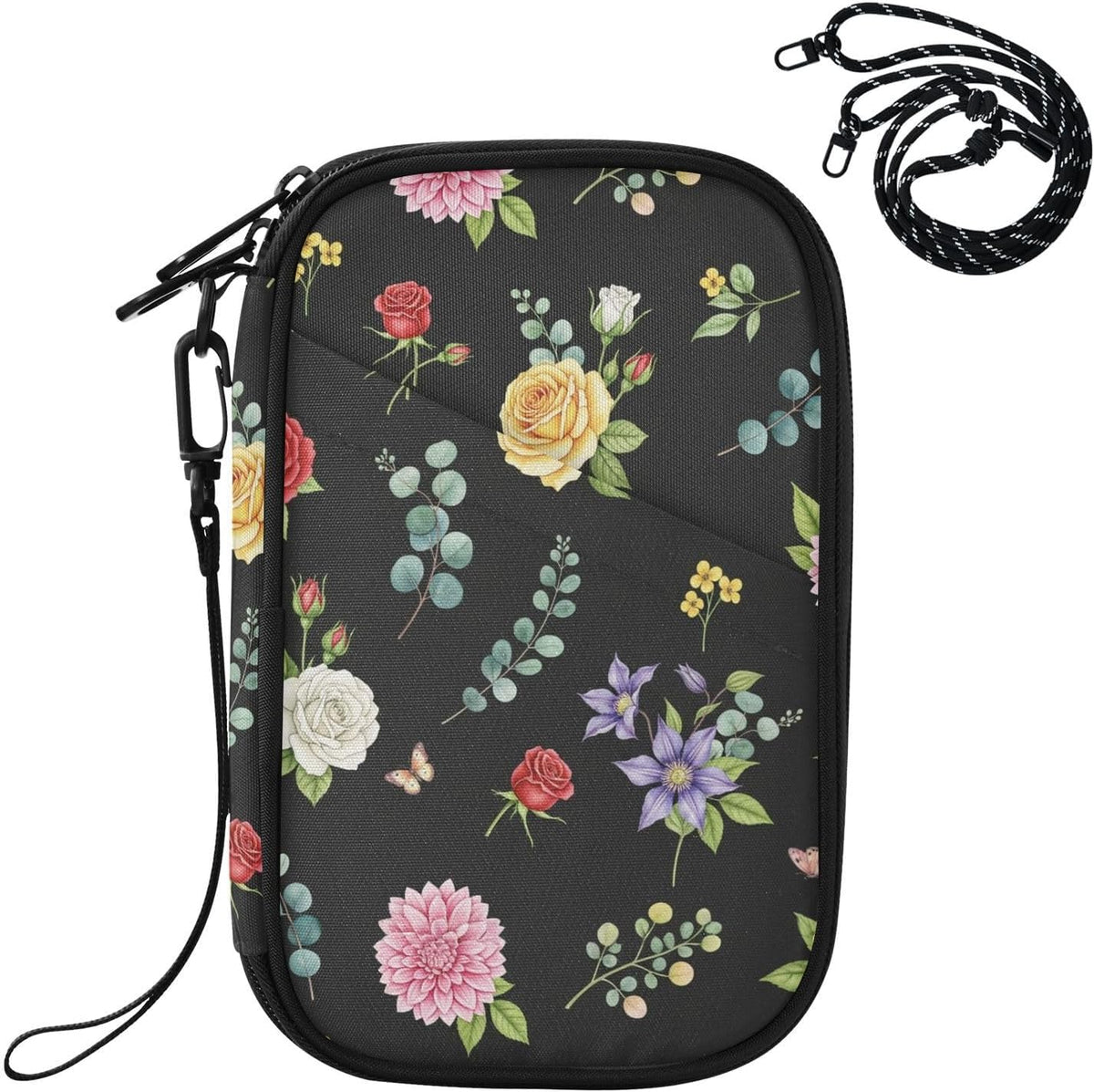 Flower Leaves Eucalyptus Black Passport Holder for Travel Wallet | Water Resistant Family Travel Document Pouch Credit Card Clutch Bag for Women Men