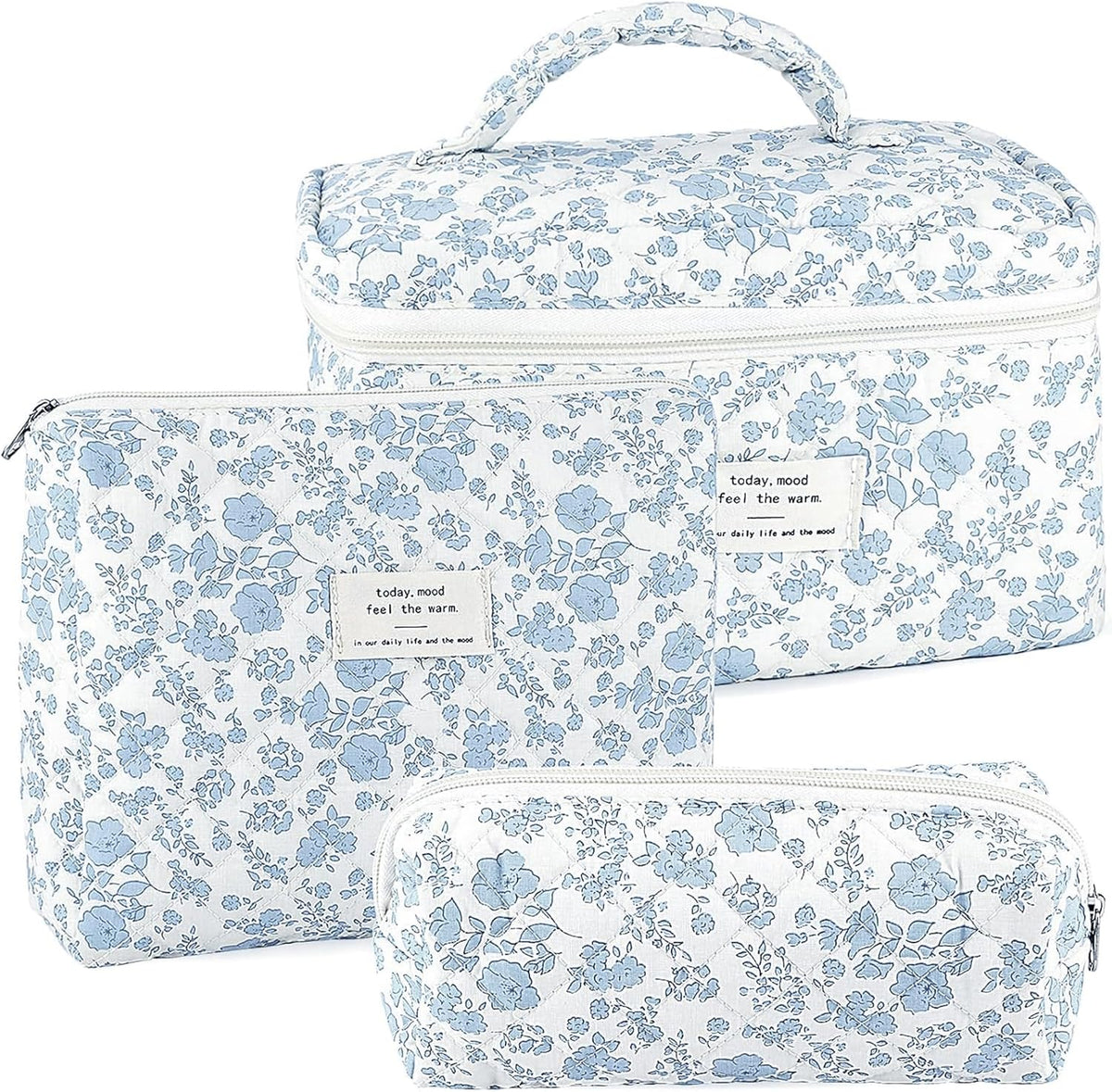 Cotton Quilted Makeup Bag for Women Girls Large Small Travel Black Floral Cosmetic Bags Set Cute Coquette Makeup Pouch for Purse Aesthetic Cloth Flower Storage Toiletry Bag Organizer