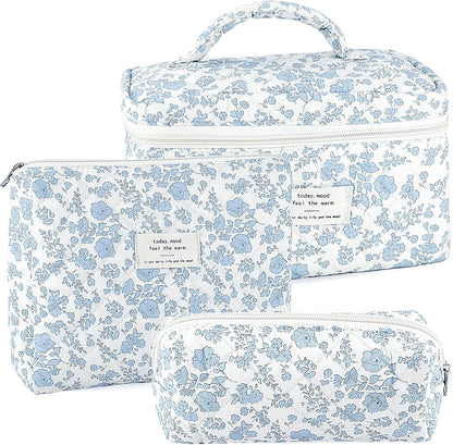 Cotton Quilted Makeup Bag for Women Girls Large Small Travel Black Floral Cosmetic Bags Set Cute Coquette Makeup Pouch for Purse Aesthetic Cloth Flower Storage Toiletry Bag Organizer