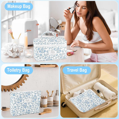Cotton Quilted Makeup Bag for Women Girls Large Small Travel Black Floral Cosmetic Bags Set Cute Coquette Makeup Pouch for Purse Aesthetic Cloth Flower Storage Toiletry Bag Organizer