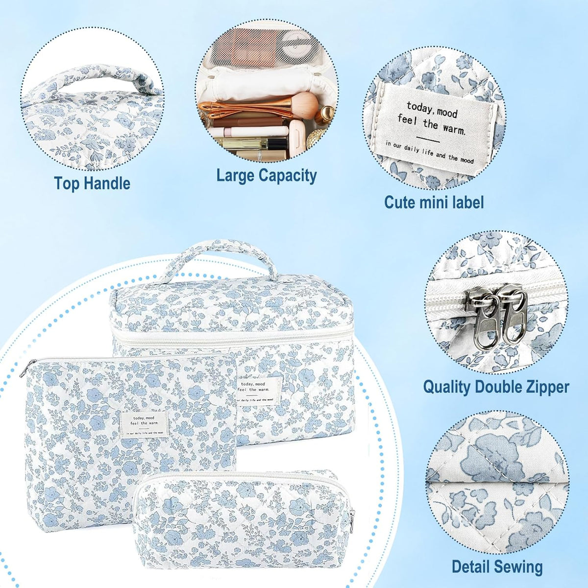 Cotton Quilted Makeup Bag for Women Girls Large Small Travel Black Floral Cosmetic Bags Set Cute Coquette Makeup Pouch for Purse Aesthetic Cloth Flower Storage Toiletry Bag Organizer