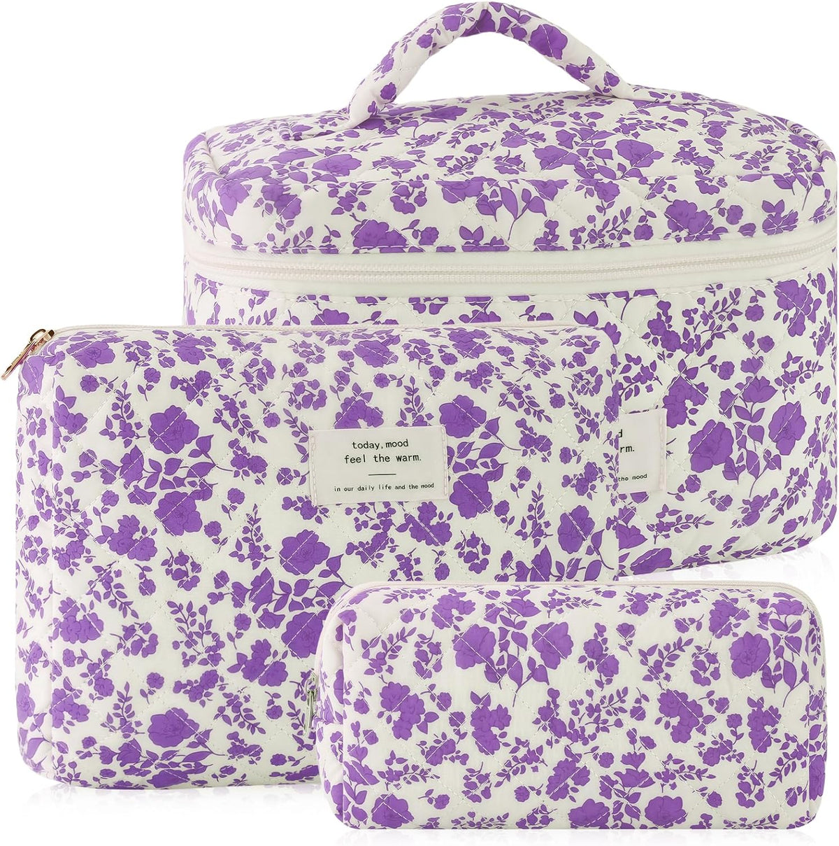 Cotton Quilted Makeup Bag for Women Girls Large Small Travel Black Floral Cosmetic Bags Set Cute Coquette Makeup Pouch for Purse Aesthetic Cloth Flower Storage Toiletry Bag Organizer