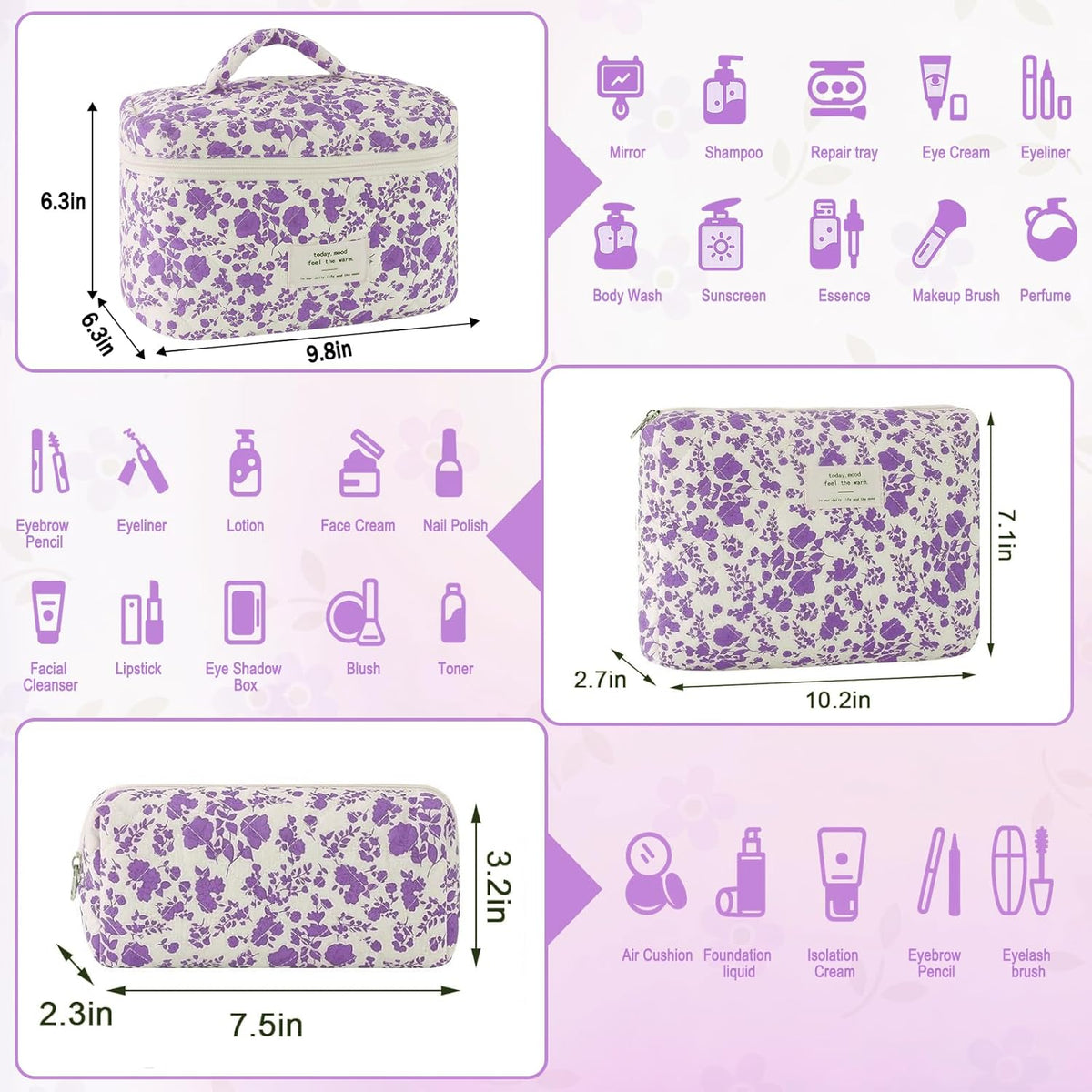 Cotton Quilted Makeup Bag for Women Girls Large Small Travel Black Floral Cosmetic Bags Set Cute Coquette Makeup Pouch for Purse Aesthetic Cloth Flower Storage Toiletry Bag Organizer