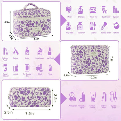 Cotton Quilted Makeup Bag for Women Girls Large Small Travel Black Floral Cosmetic Bags Set Cute Coquette Makeup Pouch for Purse Aesthetic Cloth Flower Storage Toiletry Bag Organizer
