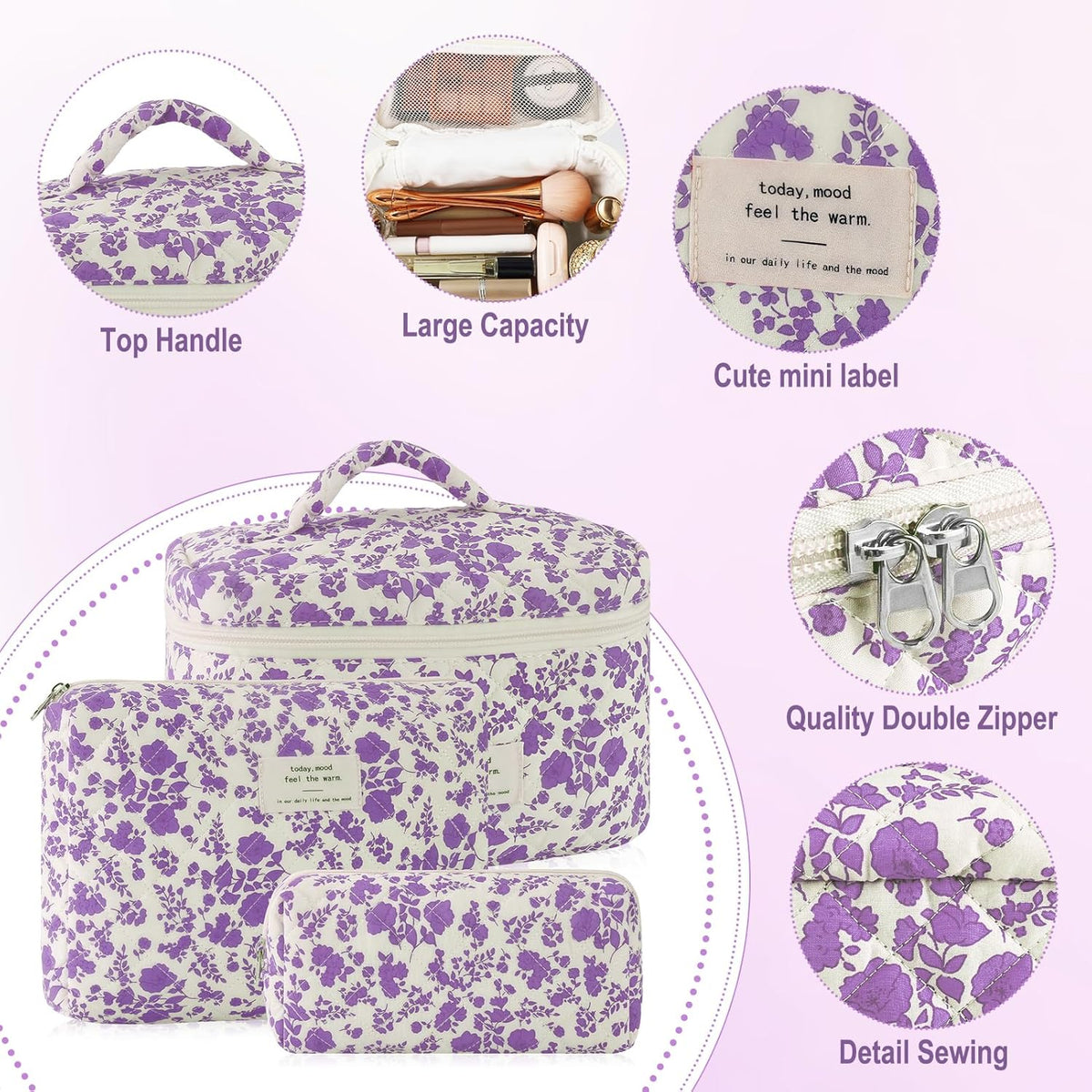 Cotton Quilted Makeup Bag for Women Girls Large Small Travel Black Floral Cosmetic Bags Set Cute Coquette Makeup Pouch for Purse Aesthetic Cloth Flower Storage Toiletry Bag Organizer