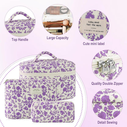 Cotton Quilted Makeup Bag for Women Girls Large Small Travel Black Floral Cosmetic Bags Set Cute Coquette Makeup Pouch for Purse Aesthetic Cloth Flower Storage Toiletry Bag Organizer
