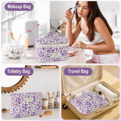Cotton Quilted Makeup Bag for Women Girls Large Small Travel Black Floral Cosmetic Bags Set Cute Coquette Makeup Pouch for Purse Aesthetic Cloth Flower Storage Toiletry Bag Organizer