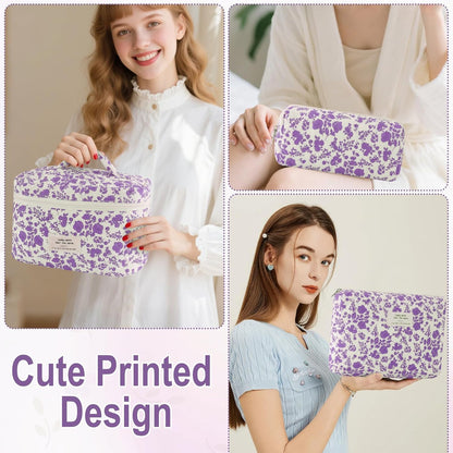 Cotton Quilted Makeup Bag for Women Girls Large Small Travel Black Floral Cosmetic Bags Set Cute Coquette Makeup Pouch for Purse Aesthetic Cloth Flower Storage Toiletry Bag Organizer
