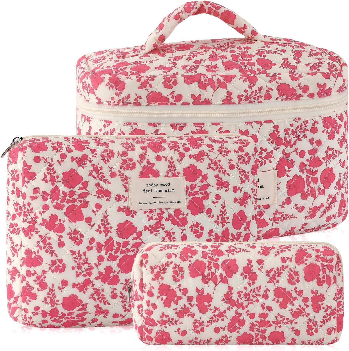 Cotton Quilted Makeup Bag for Women Girls Large Small Travel Black Floral Cosmetic Bags Set Cute Coquette Makeup Pouch for Purse Aesthetic Cloth Flower Storage Toiletry Bag Organizer