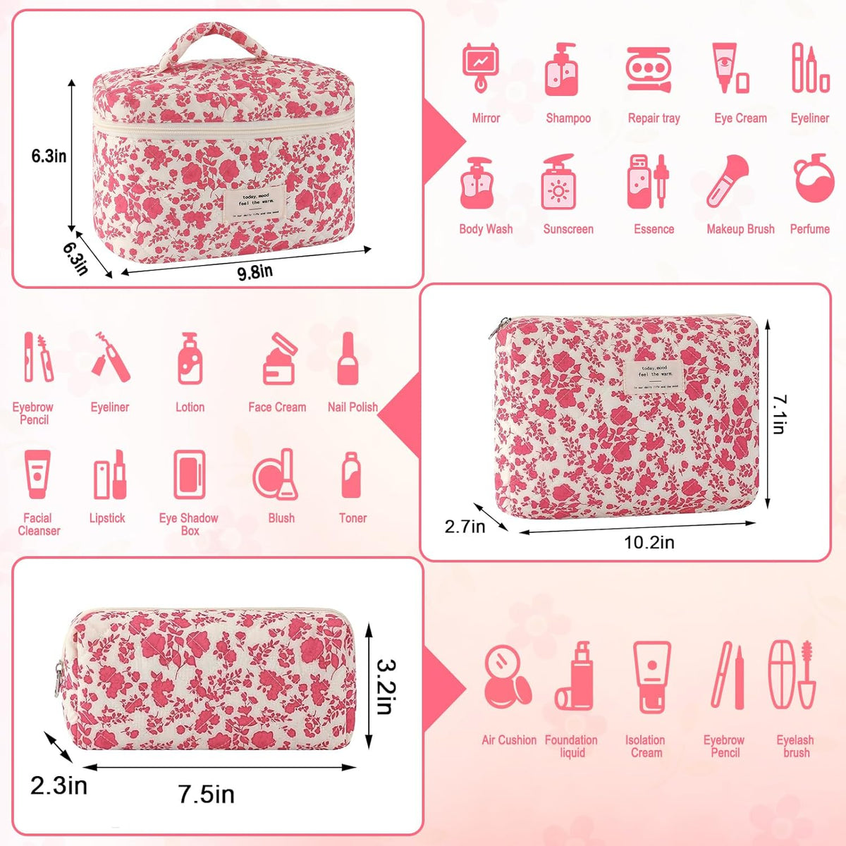 Cotton Quilted Makeup Bag for Women Girls Large Small Travel Black Floral Cosmetic Bags Set Cute Coquette Makeup Pouch for Purse Aesthetic Cloth Flower Storage Toiletry Bag Organizer
