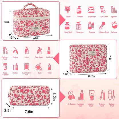 Cotton Quilted Makeup Bag for Women Girls Large Small Travel Black Floral Cosmetic Bags Set Cute Coquette Makeup Pouch for Purse Aesthetic Cloth Flower Storage Toiletry Bag Organizer