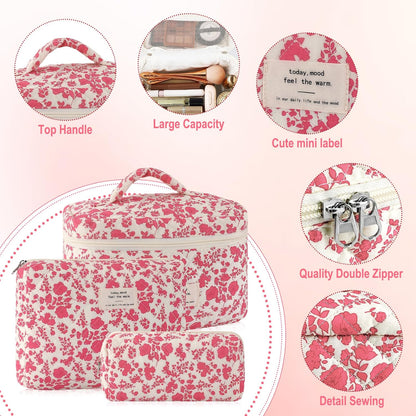 Cotton Quilted Makeup Bag for Women Girls Large Small Travel Black Floral Cosmetic Bags Set Cute Coquette Makeup Pouch for Purse Aesthetic Cloth Flower Storage Toiletry Bag Organizer