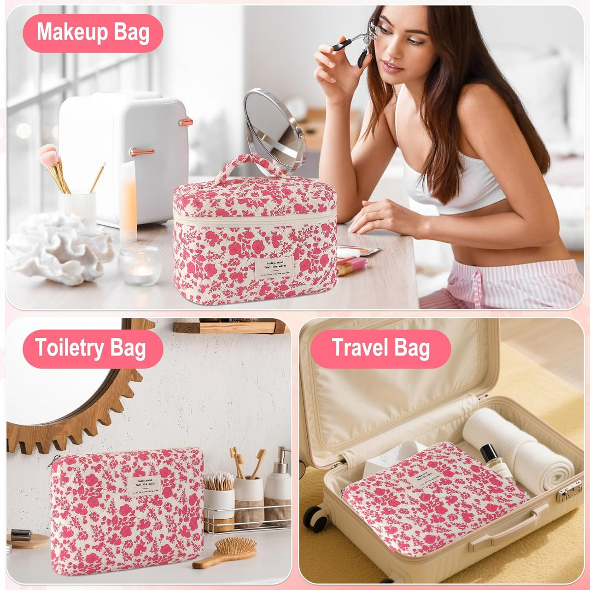 Cotton Quilted Makeup Bag for Women Girls Large Small Travel Black Floral Cosmetic Bags Set Cute Coquette Makeup Pouch for Purse Aesthetic Cloth Flower Storage Toiletry Bag Organizer