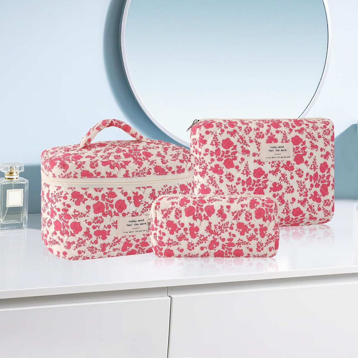 Cotton Quilted Makeup Bag for Women Girls Large Small Travel Black Floral Cosmetic Bags Set Cute Coquette Makeup Pouch for Purse Aesthetic Cloth Flower Storage Toiletry Bag Organizer