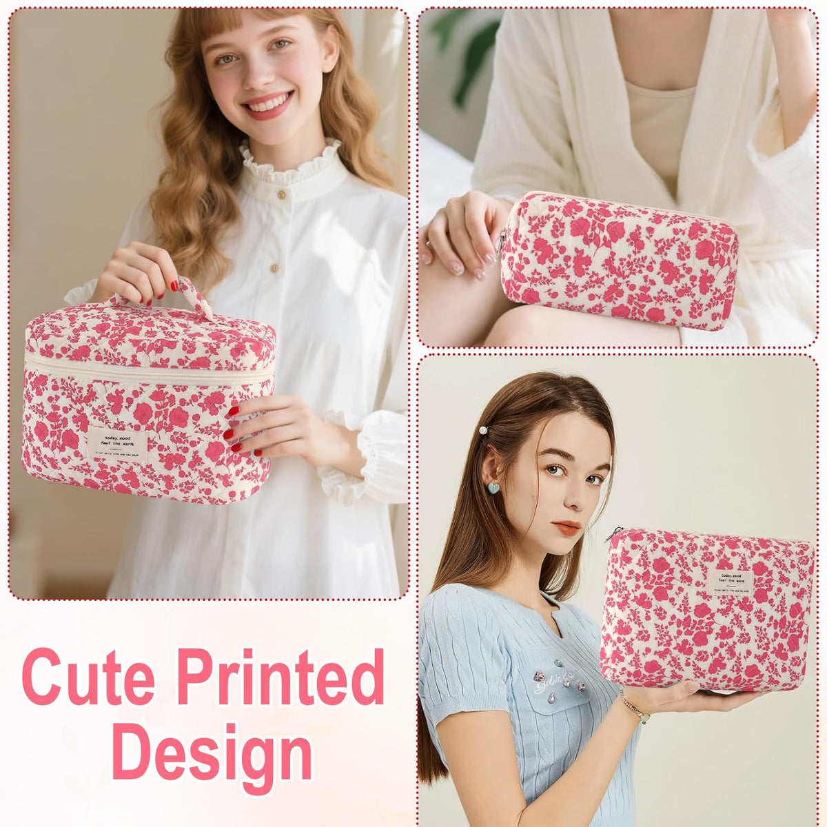 Cotton Quilted Makeup Bag for Women Girls Large Small Travel Black Floral Cosmetic Bags Set Cute Coquette Makeup Pouch for Purse Aesthetic Cloth Flower Storage Toiletry Bag Organizer