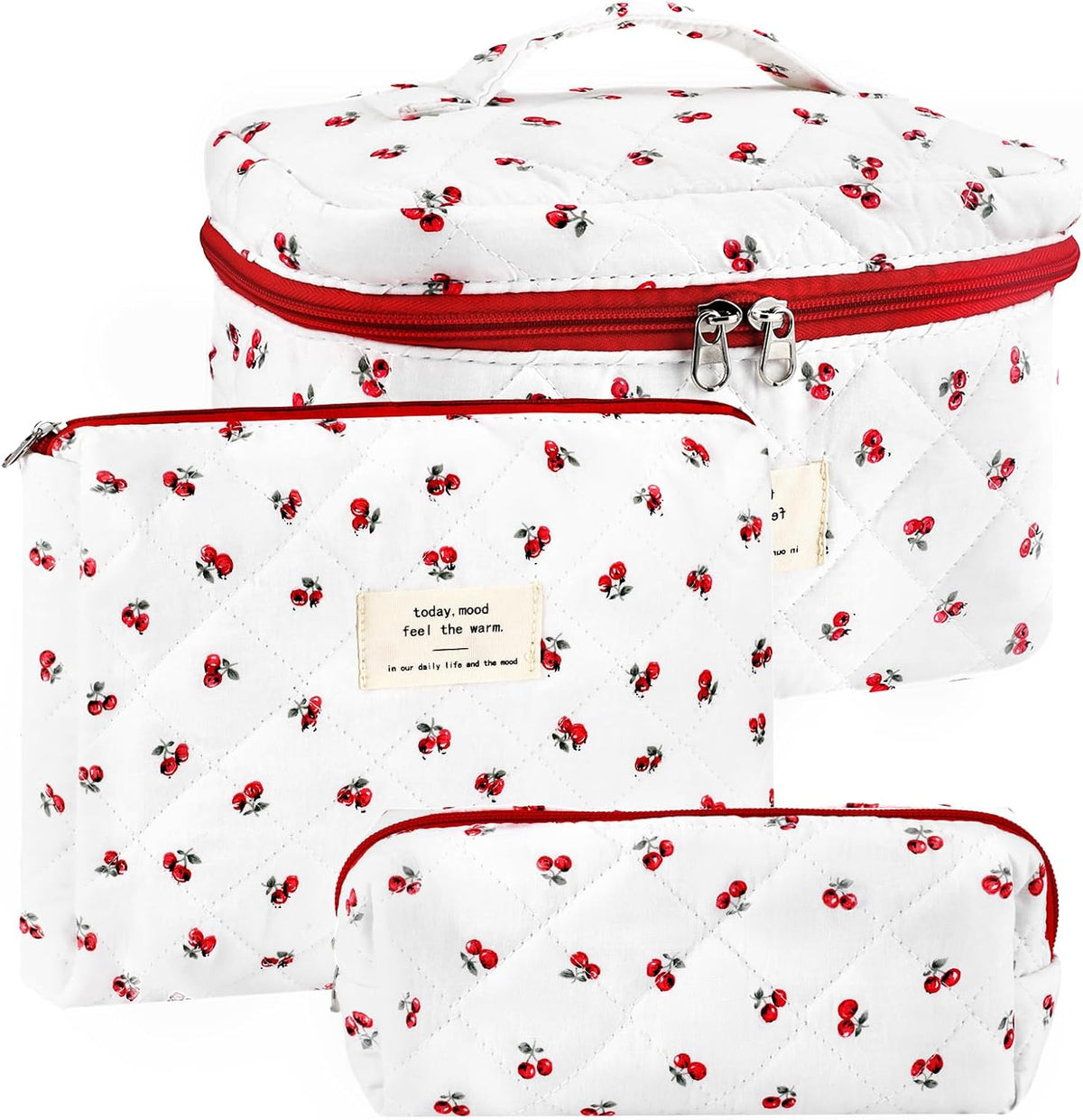 Cotton Quilted Makeup Bag for Women Girls Large Small Travel Black Floral Cosmetic Bags Set Cute Coquette Makeup Pouch for Purse Aesthetic Cloth Flower Storage Toiletry Bag Organizer