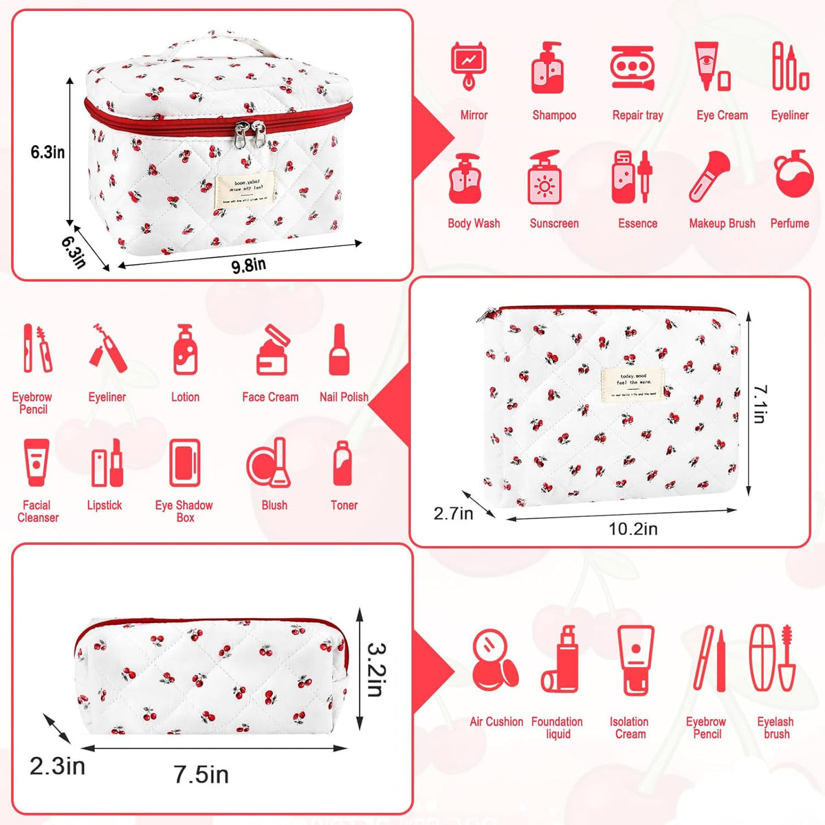 Cotton Quilted Makeup Bag for Women Girls Large Small Travel Black Floral Cosmetic Bags Set Cute Coquette Makeup Pouch for Purse Aesthetic Cloth Flower Storage Toiletry Bag Organizer