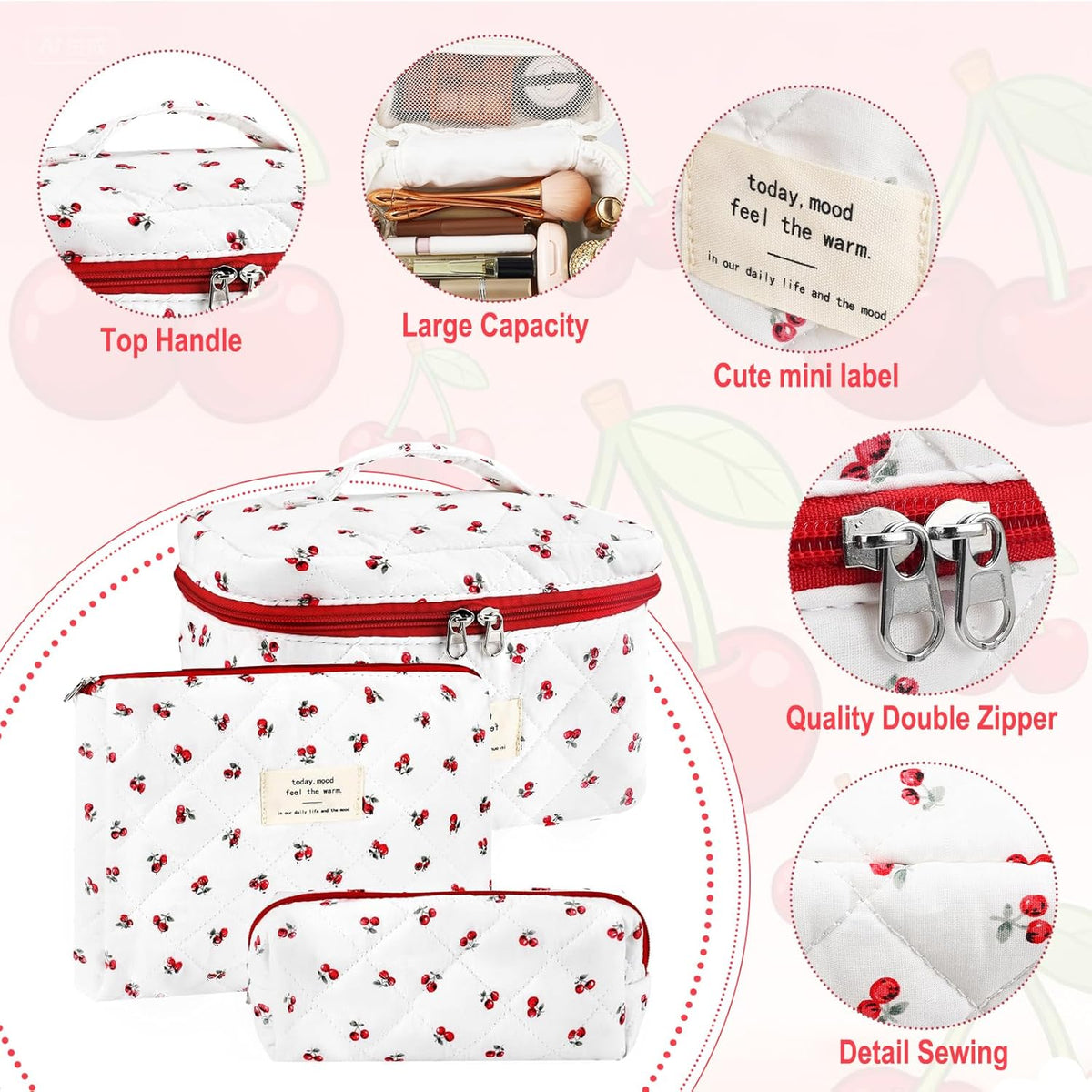 Cotton Quilted Makeup Bag for Women Girls Large Small Travel Black Floral Cosmetic Bags Set Cute Coquette Makeup Pouch for Purse Aesthetic Cloth Flower Storage Toiletry Bag Organizer