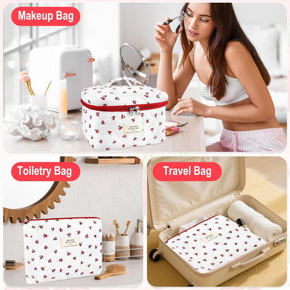 Cotton Quilted Makeup Bag for Women Girls Large Small Travel Black Floral Cosmetic Bags Set Cute Coquette Makeup Pouch for Purse Aesthetic Cloth Flower Storage Toiletry Bag Organizer