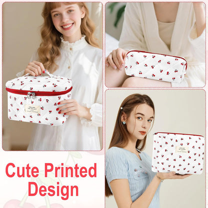 Cotton Quilted Makeup Bag for Women Girls Large Small Travel Black Floral Cosmetic Bags Set Cute Coquette Makeup Pouch for Purse Aesthetic Cloth Flower Storage Toiletry Bag Organizer