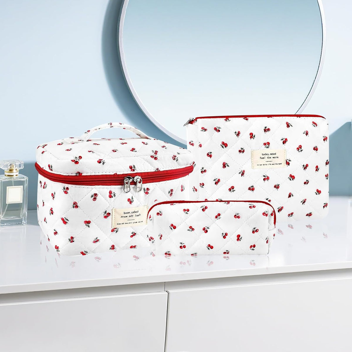 Cotton Quilted Makeup Bag for Women Girls Large Small Travel Black Floral Cosmetic Bags Set Cute Coquette Makeup Pouch for Purse Aesthetic Cloth Flower Storage Toiletry Bag Organizer