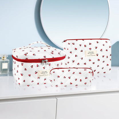Cotton Quilted Makeup Bag for Women Girls Large Small Travel Black Floral Cosmetic Bags Set Cute Coquette Makeup Pouch for Purse Aesthetic Cloth Flower Storage Toiletry Bag Organizer