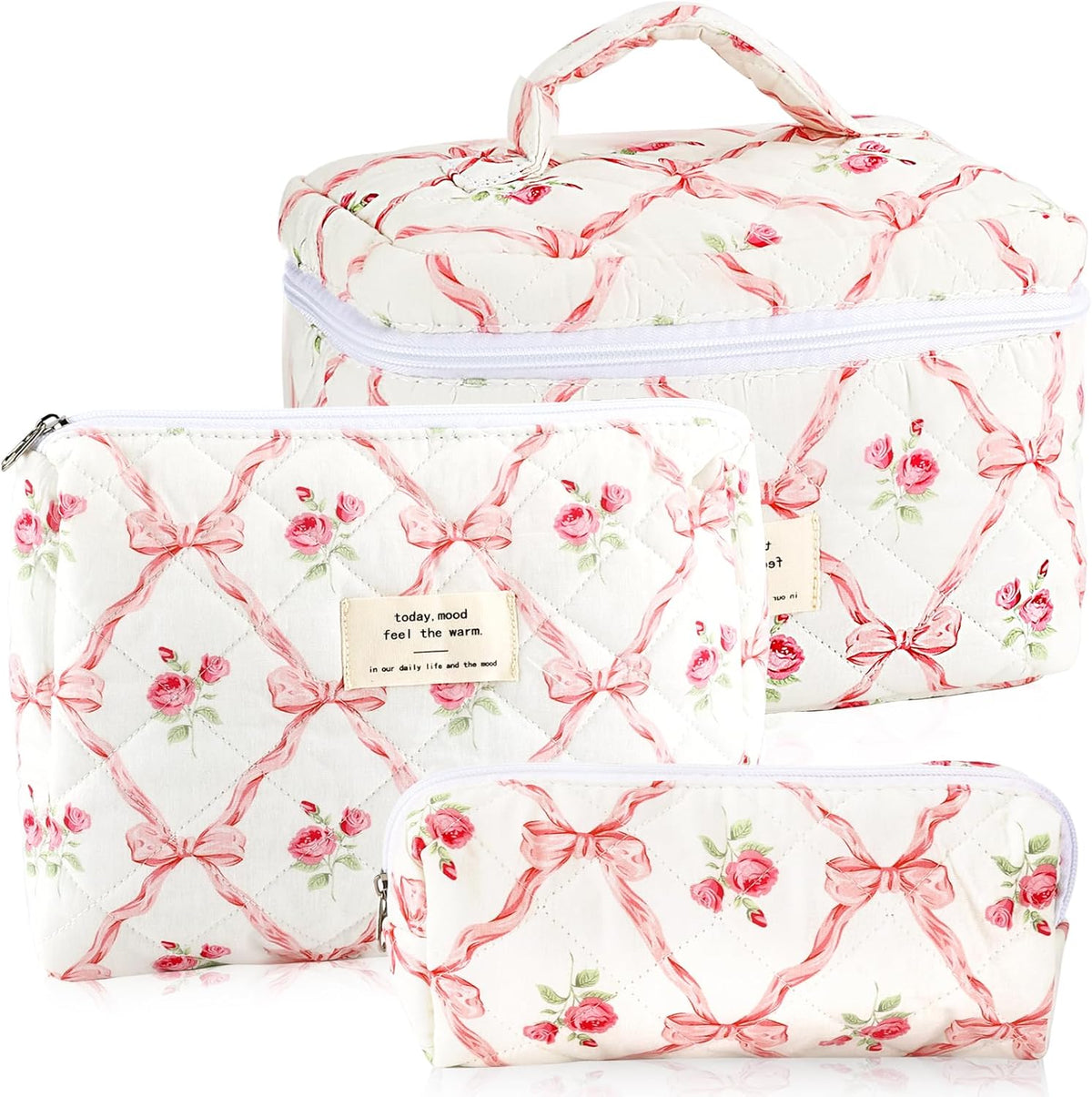 Cotton Quilted Makeup Bag for Women Girls Large Small Travel Black Floral Cosmetic Bags Set Cute Coquette Makeup Pouch for Purse Aesthetic Cloth Flower Storage Toiletry Bag Organizer