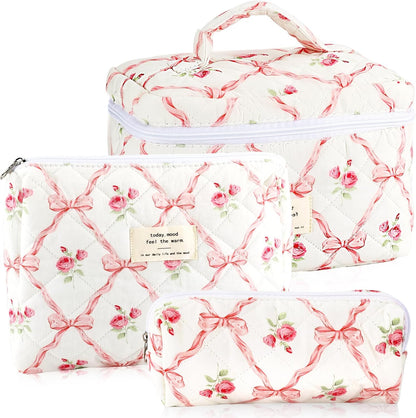 Cotton Quilted Makeup Bag for Women Girls Large Small Travel Black Floral Cosmetic Bags Set Cute Coquette Makeup Pouch for Purse Aesthetic Cloth Flower Storage Toiletry Bag Organizer