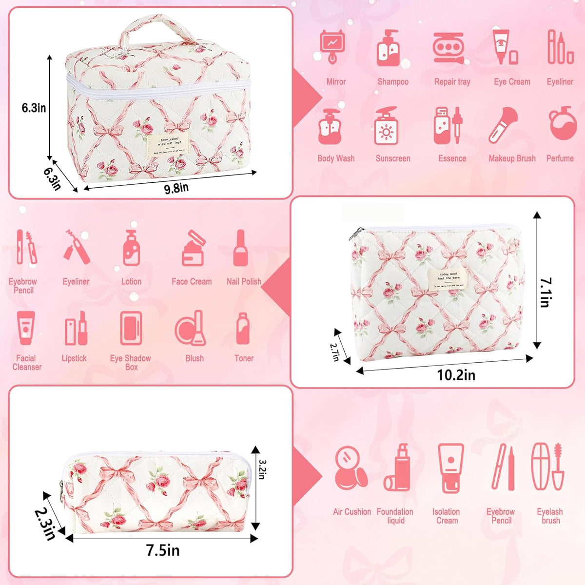 Cotton Quilted Makeup Bag for Women Girls Large Small Travel Black Floral Cosmetic Bags Set Cute Coquette Makeup Pouch for Purse Aesthetic Cloth Flower Storage Toiletry Bag Organizer