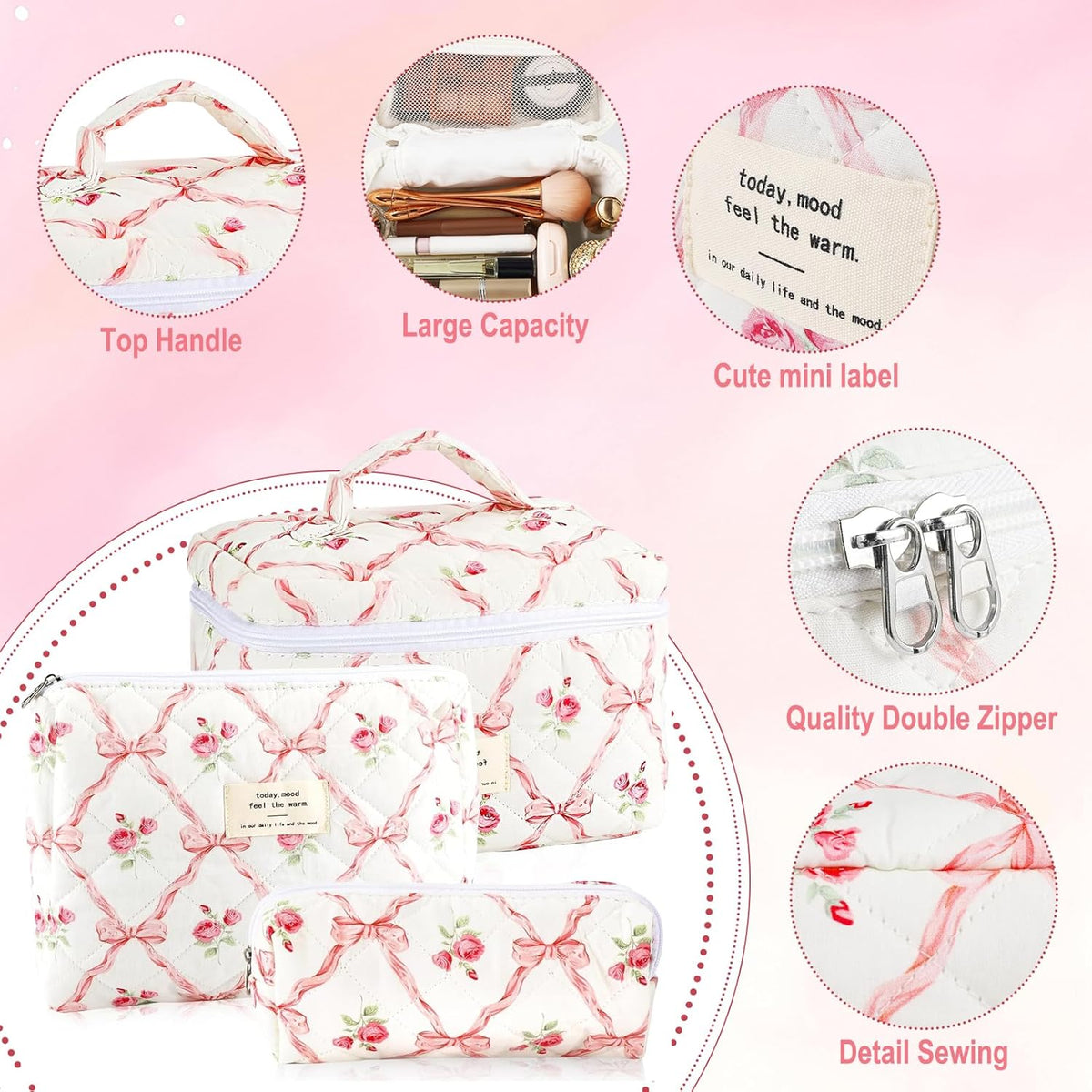 Cotton Quilted Makeup Bag for Women Girls Large Small Travel Black Floral Cosmetic Bags Set Cute Coquette Makeup Pouch for Purse Aesthetic Cloth Flower Storage Toiletry Bag Organizer