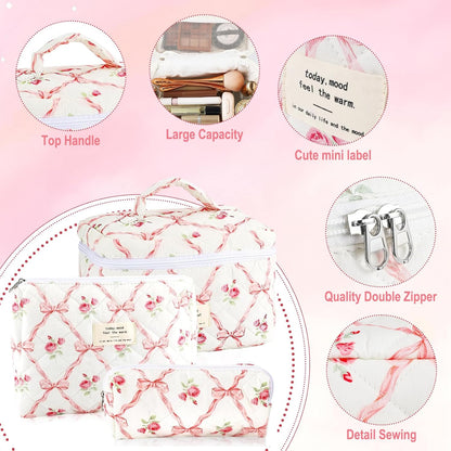 Cotton Quilted Makeup Bag for Women Girls Large Small Travel Black Floral Cosmetic Bags Set Cute Coquette Makeup Pouch for Purse Aesthetic Cloth Flower Storage Toiletry Bag Organizer