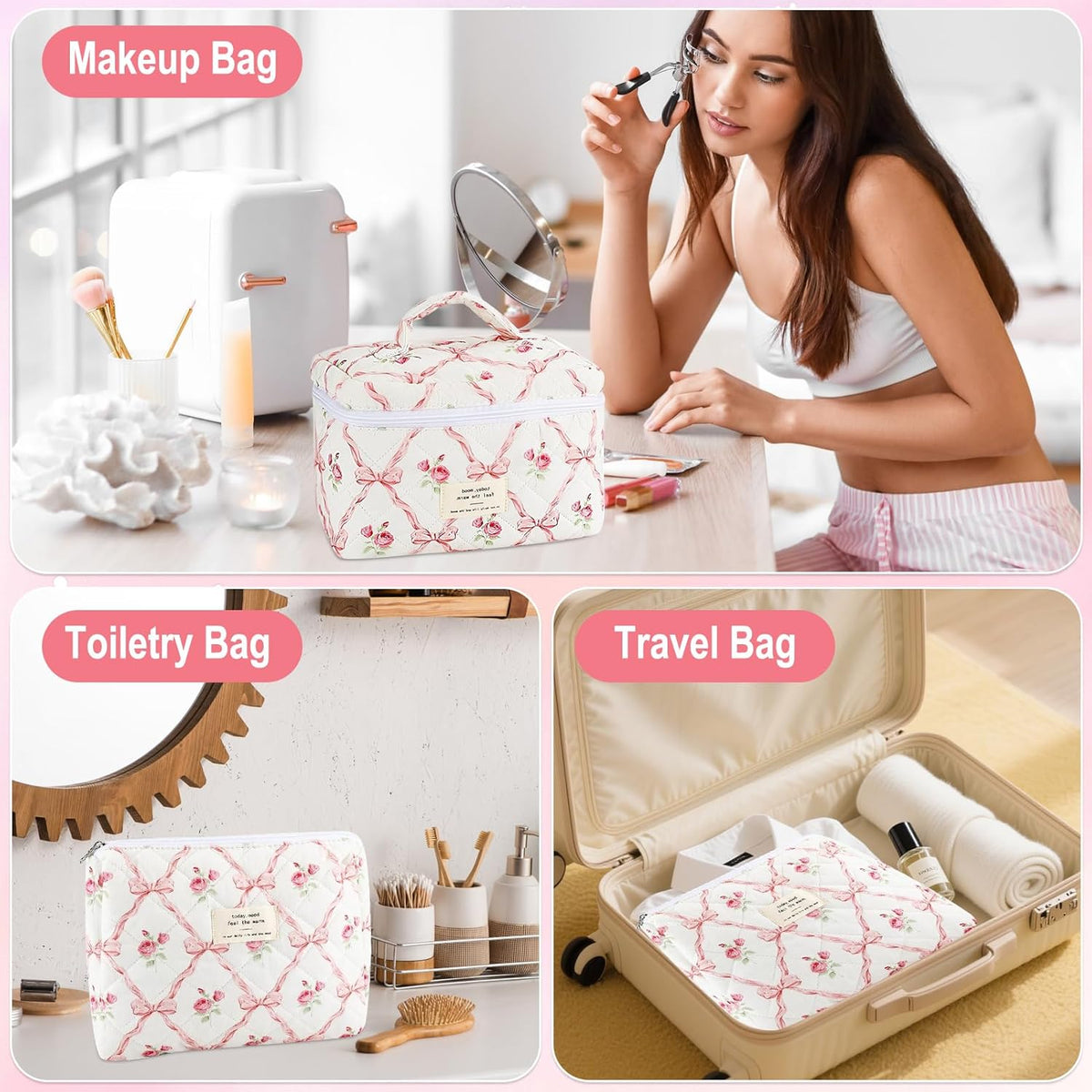 Cotton Quilted Makeup Bag for Women Girls Large Small Travel Black Floral Cosmetic Bags Set Cute Coquette Makeup Pouch for Purse Aesthetic Cloth Flower Storage Toiletry Bag Organizer