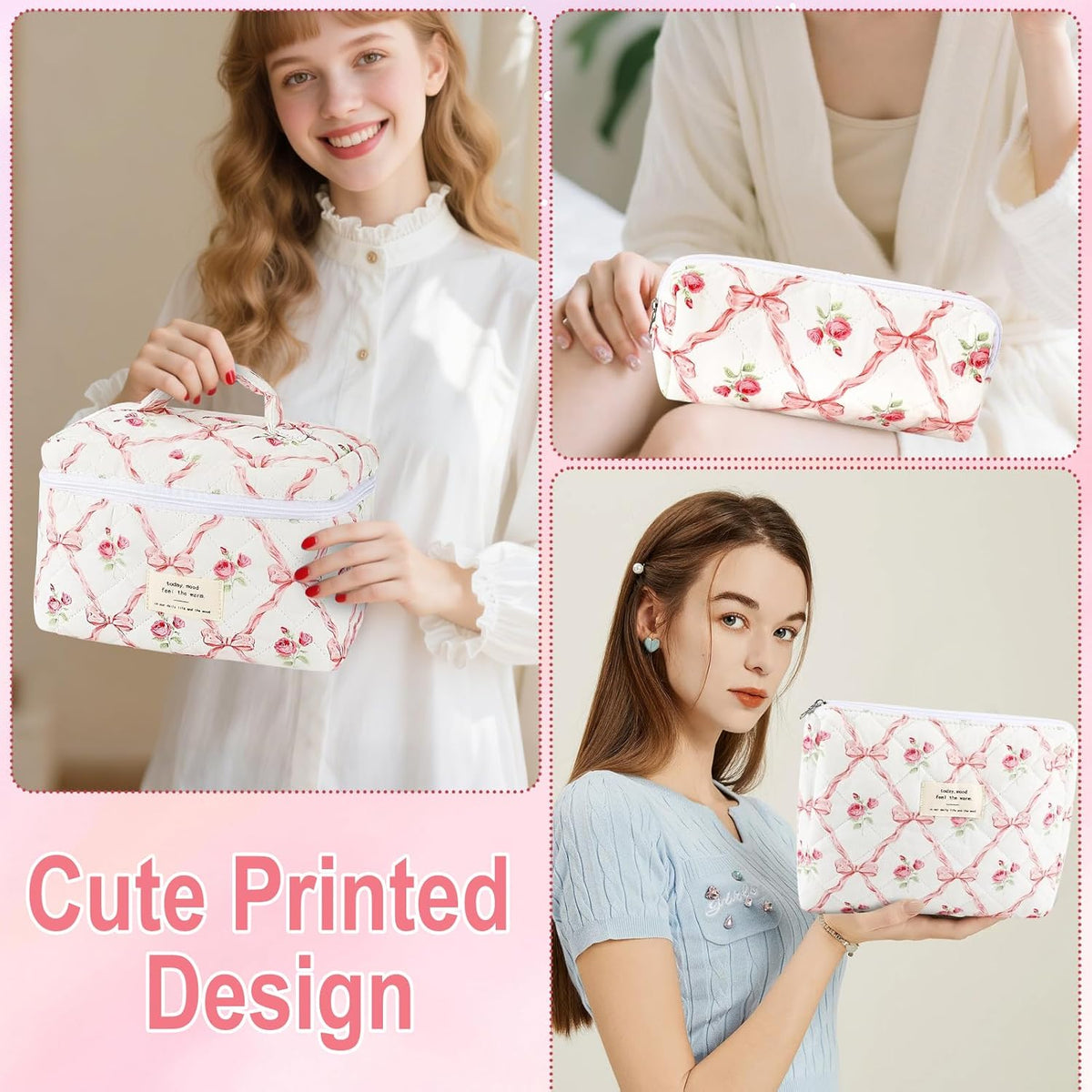 Cotton Quilted Makeup Bag for Women Girls Large Small Travel Black Floral Cosmetic Bags Set Cute Coquette Makeup Pouch for Purse Aesthetic Cloth Flower Storage Toiletry Bag Organizer