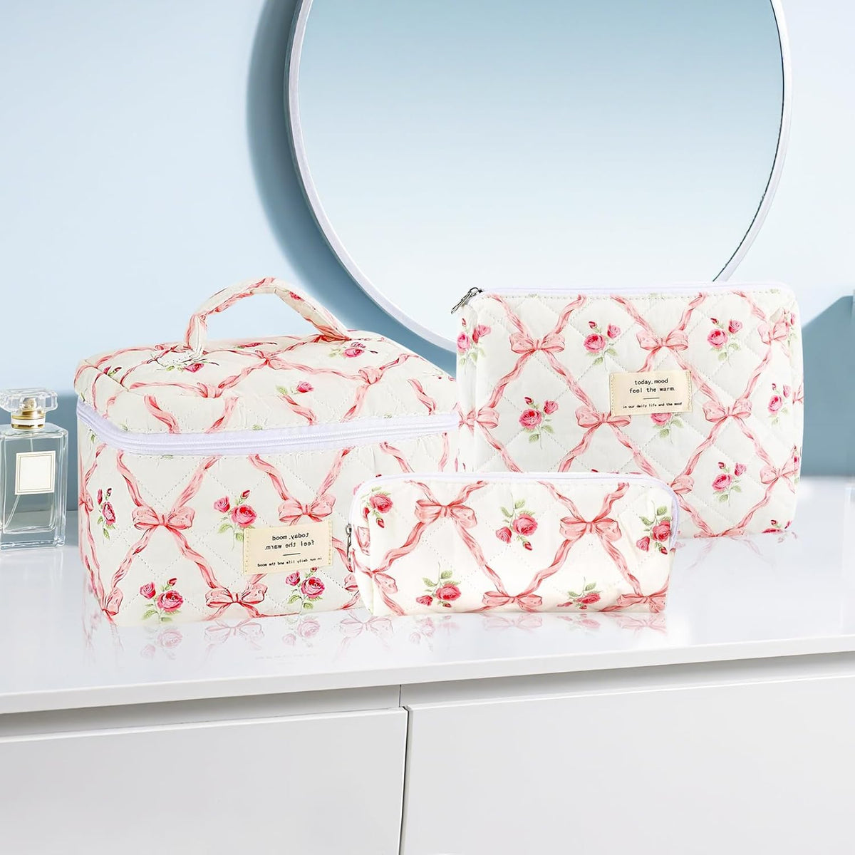 Cotton Quilted Makeup Bag for Women Girls Large Small Travel Black Floral Cosmetic Bags Set Cute Coquette Makeup Pouch for Purse Aesthetic Cloth Flower Storage Toiletry Bag Organizer